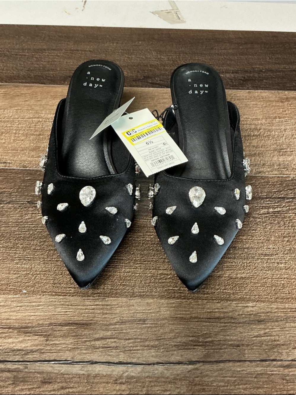 a new day Black Katia Jeweled Pointed-Toe Mules with Crystal Embellishments